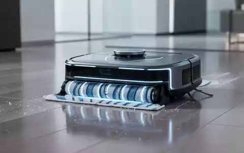 Ein moderner Reinigungsroboter mit innovativer Moppwalze reinigt einen glänzenden Hartboden in einem minimalistischen Raum. - Foto: über boerse-global.de