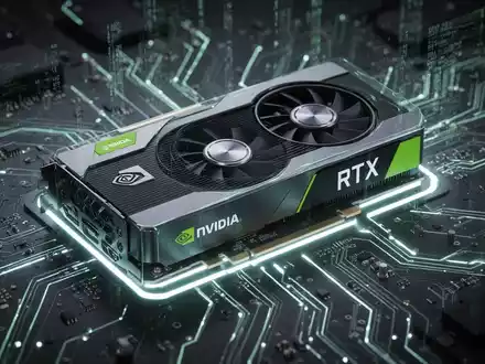 A futuristic NVIDIA RTX graphics card glows on a circuit board amidst digital data streams, symbolizing AI processing. - Foto: über boerse-global.de