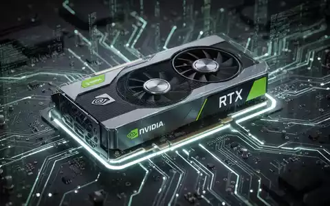 A futuristic NVIDIA RTX graphics card glows on a circuit board amidst digital data streams, symbolizing AI processing. - Foto: über boerse-global.de