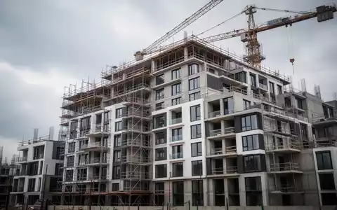 Ein unfertiges modernes Wohngebäude mit Baugerüsten und einem Kran vor einem bewölkten Himmel, das die Herausforderungen im Wohnungsbau darstellt. - Foto: über boerse-global.de