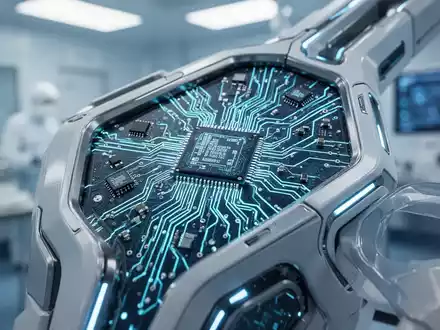 Nahaufnahme eines futuristischen medizinischen Geräts mit integrierten Mikrochips, das Innovation in der Medizinelektronik symbolisiert. - Foto: über boerse-global.de