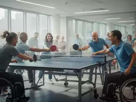 Eine Gruppe von Menschen, einige im Rollstuhl, spielt Tischtennis in einem modernen Rehabilitationszentrum. Fokus auf Bewegung und Freude. - Foto: über boerse-global.de