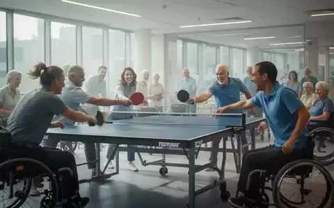 Eine Gruppe von Menschen, einige im Rollstuhl, spielt Tischtennis in einem modernen Rehabilitationszentrum. Fokus auf Bewegung und Freude. - Foto: über boerse-global.de