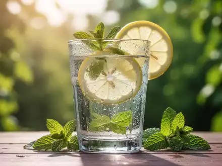 Ein Glas Wasser mit Zitrone und Minze auf einem Tisch im Freien an einem sonnigen Sommertag. - Foto: über boerse-global.de