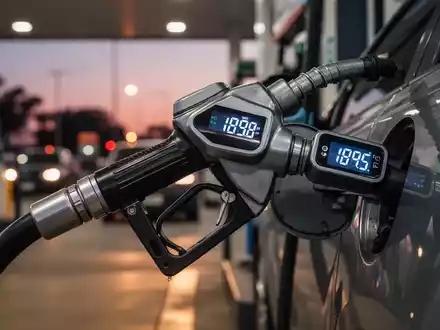 Eine Nahaufnahme einer Zapfpistole, die Benzin in ein Auto füllt, mit einer digitalen Preisanzeige im Hintergrund. - Foto: über boerse-global.de