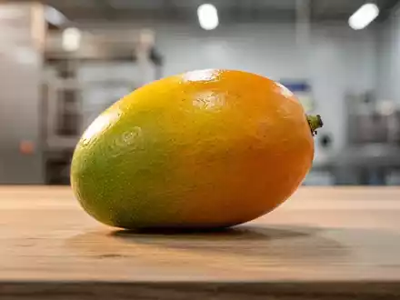 Eine einzelne, reife Mango auf einer Holzoberfläche mit verschwommenem Hintergrund, der eine moderne Lebensmittelfabrik andeutet. - Foto: über boerse-global.de