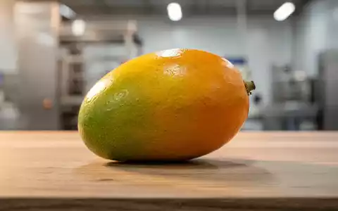 Eine einzelne, reife Mango auf einer Holzoberfläche mit verschwommenem Hintergrund, der eine moderne Lebensmittelfabrik andeutet. - Foto: über boerse-global.de