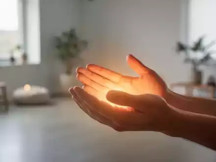 Hände, die sanft eine beruhigende Energie ausstrahlen, mit einem weichen, warmen Licht in einem ruhigen Studiohintergrund. - Foto: über boerse-global.de