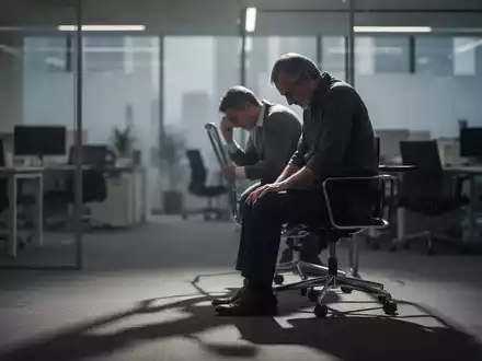 Eine einzelne Person mittleren Alters sitzt in einem modernen BĂŒroumfeld und wirkt nachdenklich und isoliert. - Foto: ĂŒber boerse-global.de