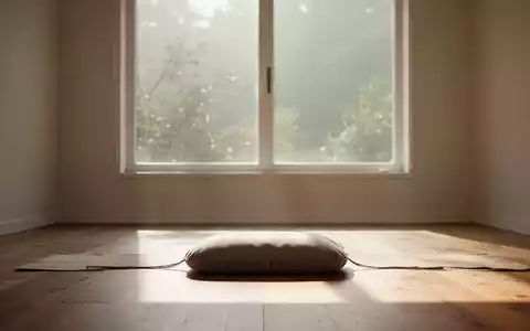 Ein ruhiger Meditationsraum mit einem einzelnen Kissen auf einem Holzboden, weiches natürliches Licht fällt durch ein großes Fenster. - Foto: über boerse-global.de