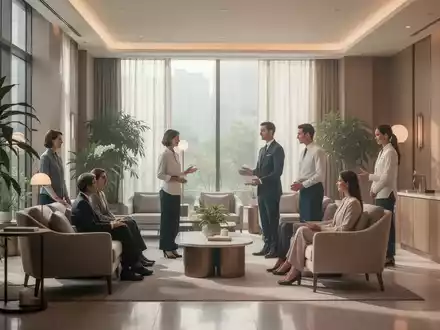 Ein ruhiges, modernes Hotellobby-Interieur mit sanftem Licht und diskreten Interaktionen zwischen Gästen und Personal, das Wohlbefinden betont. - Foto: über boerse-global.de