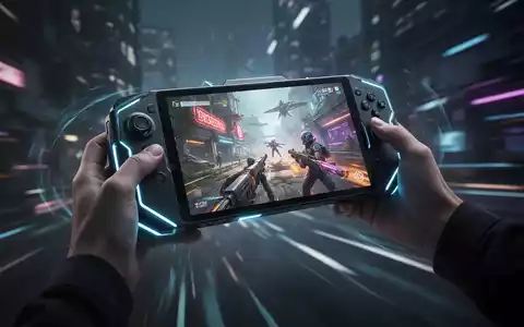 A person's hands holding a sleek, futuristic handheld gaming PC with glowing accents, displaying vibrant game graphics. - Foto: über boerse-global.de