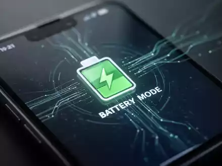 A smartphone screen showing a battery icon with a leaf symbol, indicating power saving mode, against a dark, tech-inspired background. - Foto: über boerse-global.de