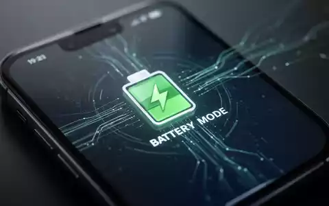 A smartphone screen showing a battery icon with a leaf symbol, indicating power saving mode, against a dark, tech-inspired background. - Foto: über boerse-global.de