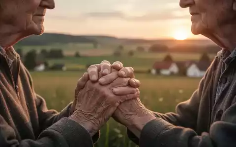 Nahaufnahme der Hände einer älteren Person, nachdenklich gefaltet, mit unscharfem ländlichem Hintergrund bei Sonnenaufgang. - Foto: über boerse-global.de