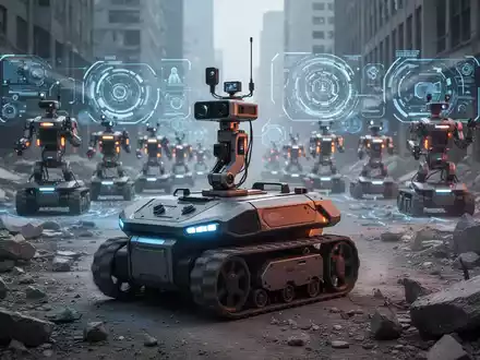 Advanced ground robots with sensors navigate a debris-strewn urban environment, with holographic interfaces suggesting human oversight. - Foto: über boerse-global.de