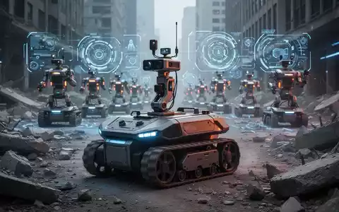 Advanced ground robots with sensors navigate a debris-strewn urban environment, with holographic interfaces suggesting human oversight. - Foto: über boerse-global.de