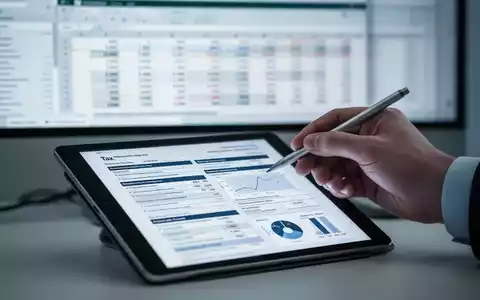 A hand points to a digital tax form on a tablet, with a blurred computer screen showing spreadsheets in the background. - Foto: über boerse-global.de