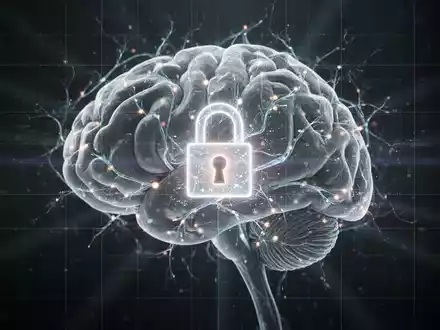 A glowing digital brain with neural pathways and a lock icon, symbolizing AI security and restricted access against a dark, futuristic background. - Foto: über boerse-global.de