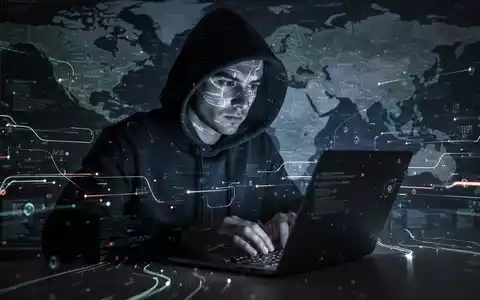 A shadowy figure in a hoodie typing on a laptop, surrounded by glowing digital lines and abstract data streams, symbolizing cybercrime. - Foto: über boerse-global.de