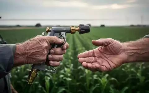 Nahaufnahme der Hände eines Landwirts, eine hält eine Sprühdüse, die andere zittert leicht. Im Hintergrund ein Feld. - Foto: über boerse-global.de
