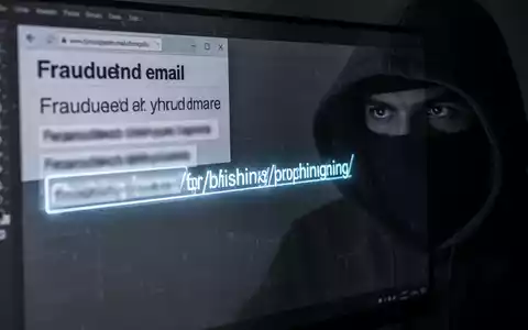 Nahaufnahme eines Computerbildschirms, der eine betrügerische E-Mail mit einem Phishing-Link und der Reflexion eines Hackers zeigt. - Foto: über boerse-global.de