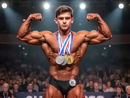 Ein junger Bodybuilder mit muskulösem Körperbau steht auf einer Bühne und präsentiert stolz seine Medaillen. - Foto: über boerse-global.de