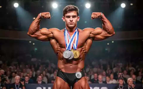 Ein junger Bodybuilder mit muskulösem Körperbau steht auf einer Bühne und präsentiert stolz seine Medaillen. - Foto: über boerse-global.de