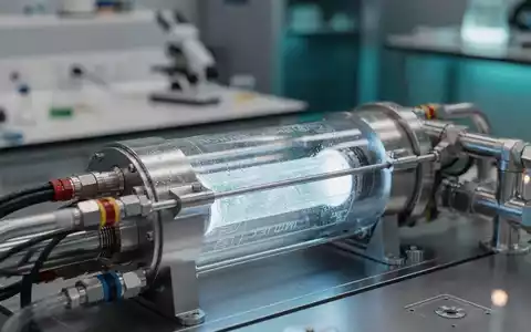Nahaufnahme einer leuchtenden Wasserstoffbrennstoffzelle in einem Labor, umgeben von komplexen Rohren und wissenschaftlicher Ausrüstung. - Foto: über boerse-global.de