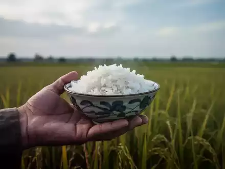 Eine Nahaufnahme einer Hand, die eine kleine Schale mit gekochtem Reis hält, mit einem unscharfen Reisfeld im Hintergrund. - Foto: über boerse-global.de