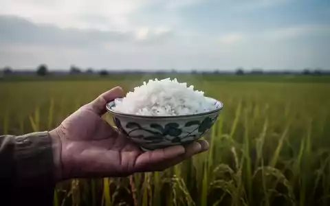 Eine Nahaufnahme einer Hand, die eine kleine Schale mit gekochtem Reis hält, mit einem unscharfen Reisfeld im Hintergrund. - Foto: über boerse-global.de
