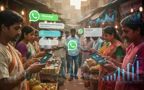 Indian small business owners using WhatsApp on smartphones in a bustling market, with digital overlays representing marketing and data. - Foto: über boerse-global.de