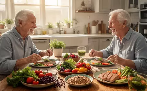 Ein älteres Paar lacht und isst eine gesunde Mahlzeit mit viel Gemüse und Proteinen an einem sonnigen Küchentisch. - Foto: über boerse-global.de