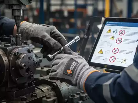 Nahaufnahme der Hände eines Arbeiters mit Handschuhen, der Maschinen inspiziert, mit Sicherheitsvorschriften auf einem Tablet im Hintergrund. - Foto: über boerse-global.de