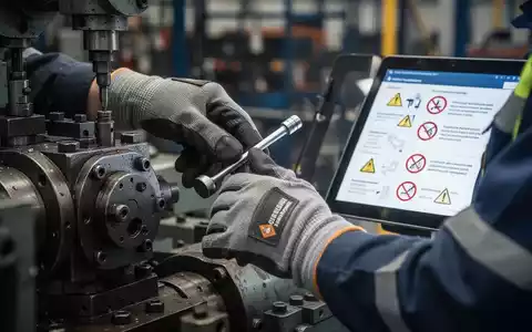 Nahaufnahme der Hände eines Arbeiters mit Handschuhen, der Maschinen inspiziert, mit Sicherheitsvorschriften auf einem Tablet im Hintergrund. - Foto: über boerse-global.de