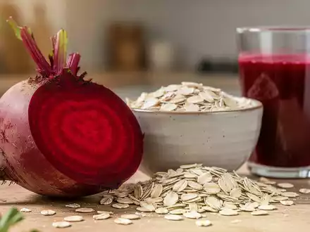 Nahaufnahme einer aufgeschnittenen roten Bete, Haferflocken und Rote-Bete-Saft, die gesunde Ernährung symbolisieren. - Foto: über boerse-global.de