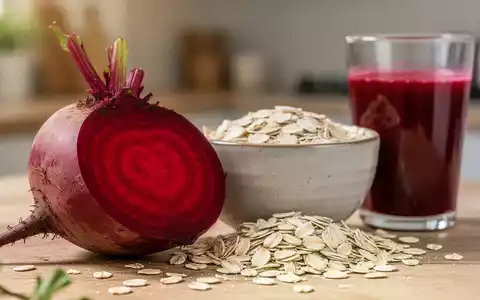 Nahaufnahme einer aufgeschnittenen roten Bete, Haferflocken und Rote-Bete-Saft, die gesunde Ernährung symbolisieren. - Foto: über boerse-global.de