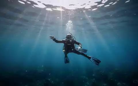 Eine Freitaucherin schwebt ruhig im klaren blauen Wasser, Sonnenstrahlen dringen von oben ein und erzeugen eine friedliche Atmosphäre. - Foto: über boerse-global.de
