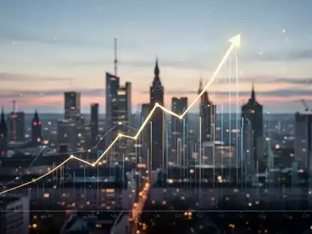 Ein stilisierter, aufwärts gerichteter Liniengraph mit einem Höhepunkt, überlagert auf die verschwommene Frankfurter Skyline bei Sonnenaufgang. - Foto: über boerse-global.de