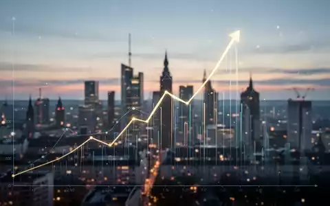 Ein stilisierter, aufwärts gerichteter Liniengraph mit einem Höhepunkt, überlagert auf die verschwommene Frankfurter Skyline bei Sonnenaufgang. - Foto: über boerse-global.de