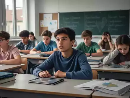 Eine Gruppe deutscher Schüler in einem Klassenzimmer, einige konzentriert, andere desinteressiert, was die Herausforderungen im Bildungssystem widerspiegelt. - Foto: über boerse-global.de
