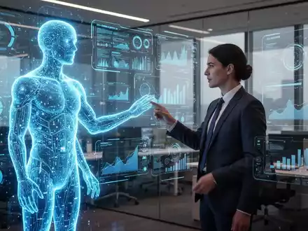 Eine leuchtende blaue holografische menschliche Silhouette interagiert mit einer Person in einem modernen Büro vor einer digitalen Oberfläche. - Foto: über boerse-global.de