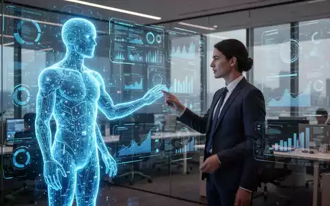 Eine leuchtende blaue holografische menschliche Silhouette interagiert mit einer Person in einem modernen Büro vor einer digitalen Oberfläche. - Foto: über boerse-global.de