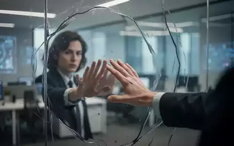 Eine Hand berührt fast ein verzerrtes Spiegelbild, das Selbstzweifel und das Impostor-Syndrom symbolisiert, in einem modernen Büro. - Foto: über boerse-global.de