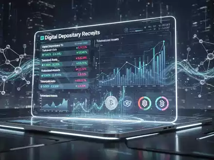 A close-up of a futuristic digital interface showing financial data, charts, and tokenized asset symbols, representing digital transformation in finance. - Foto: über boerse-global.de