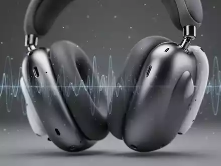 Apple AirPods Max headphones in space gray, with a subtle digital soundwave graphic overlaid, representing audio customization. - Foto: über boerse-global.de