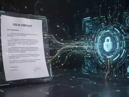 Abstract digital illustration showing data flow between a legal document and an AI interface, symbolizing legal tech integration. - Foto: über boerse-global.de