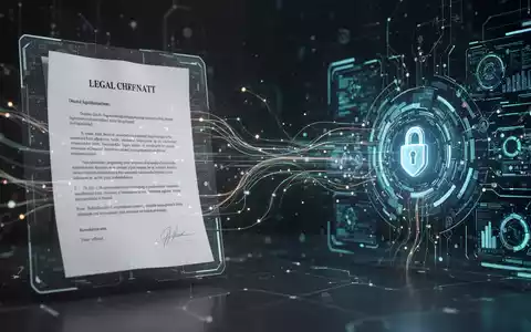 Abstract digital illustration showing data flow between a legal document and an AI interface, symbolizing legal tech integration. - Foto: über boerse-global.de