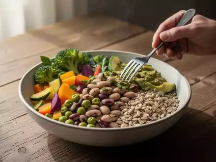 Eine Nahaufnahme einer bunten, pflanzlichen Mahlzeit in einer Schüssel auf einem Holztisch, die Gesundheit und Langlebigkeit symbolisiert. - Foto: über boerse-global.de