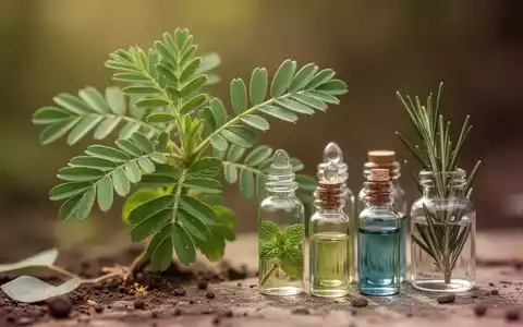 Nahaufnahme einer Mimosa pudica Pflanze mit Fläschchen ätherischer Öle, vor einem weichen, erdigen Hintergrund. - Foto: über boerse-global.de